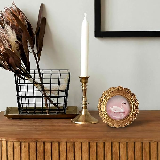 Pink Swan Round Picture Frame Wall Decor,Preppy Coquette Goose Gold Mini Ornate Photo Frame for TableTop Desk 2.7in Photo,Vintage Framed Artwork for Girly Room Walls Office Bedroom Shelf