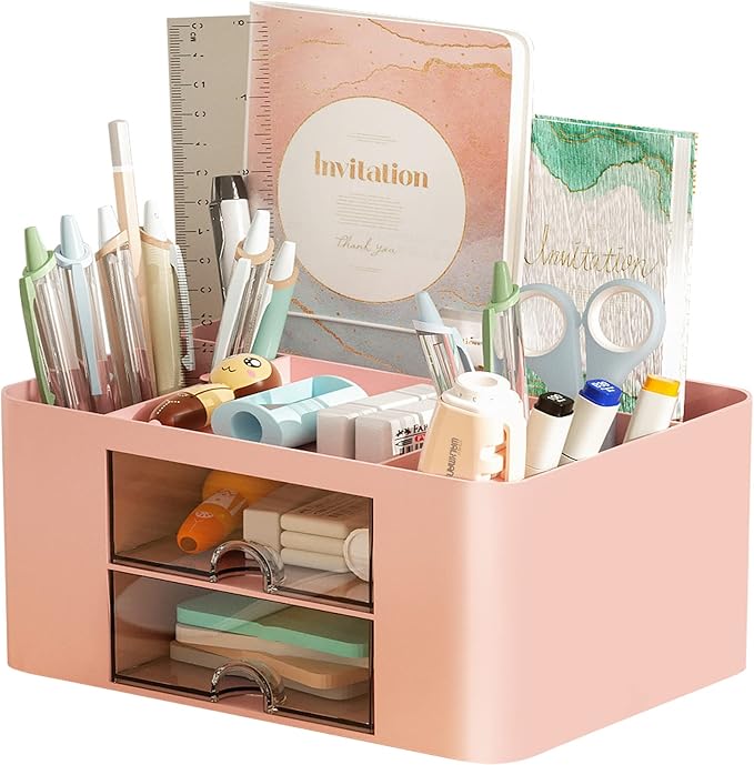Marbrasse Pen Organizer with 2 Drawer, Multi-Functional Pencil Holder for Desk, Desk Organizers and Accessories with 5 Compartments + Drawer for Office Art Supplies (Pink)