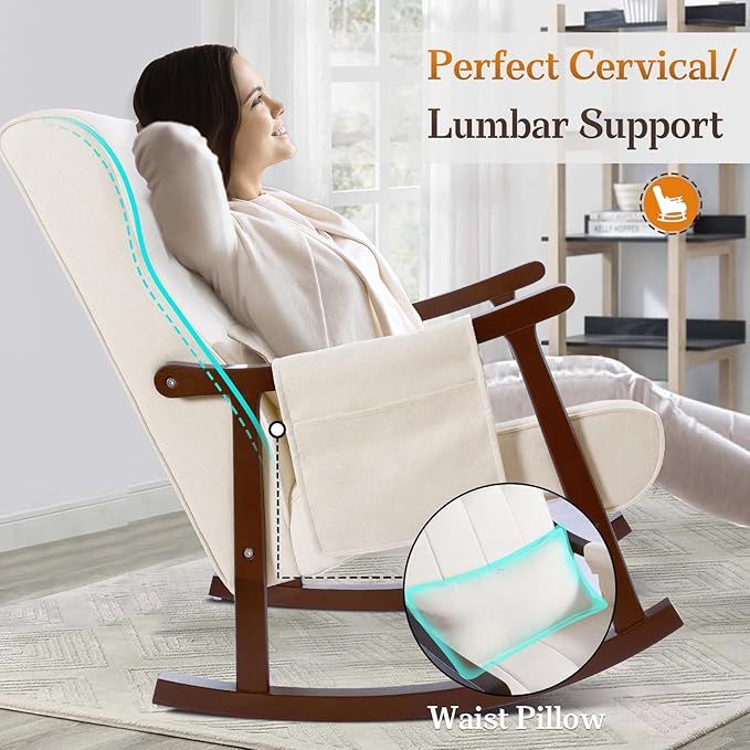 NOBLEMOOD Rocking Chair Indoor with Ottoman, Upholstered Rocking Chair with Lumbar Pillow, Side Pocket, High Back Solid Wood Frame Rocker with Footrest for Living Room