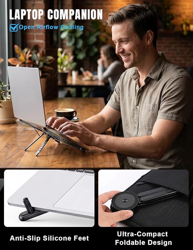 Magnetic Phone Stand & Foldable Laptop Riser, Matte Black Multi-Device Aluminum Desk Mount, N52 MagSafe Tripod Grip for Travel Office, Ergonomic Elevator for MacBook, iPad & iPhone