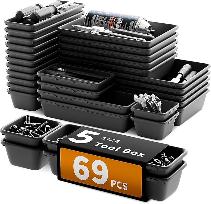 5 Sizes Tool Drawer Organizer - 69 PCS Tray, Desk Drawer & Rolling Tool Chest Organizer (Black)