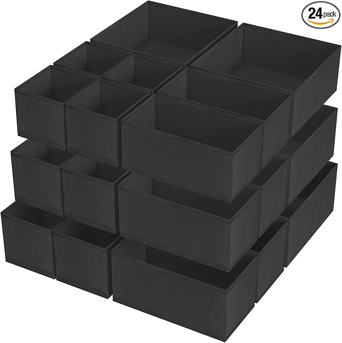 Criusia Drawer Organizer Clothes, 24 Pack Underwear Drawer Organizers, Foldable Closet Organizers and Storage Dresser Drawer Dividers Clothing Organizer for Clothes, Socks, Scarves, Bra, Ties (Black)