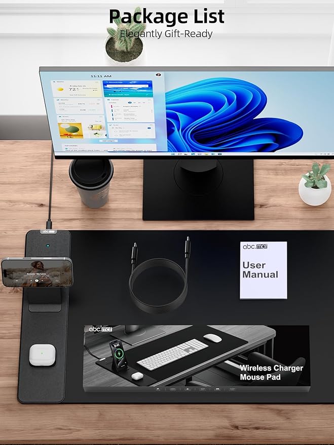 4-in-1 Mouse Pad with Magnetic Wireless Charging Phone Stand, 31.5"x15.8" Large, Waterproof Smooth Surface, Non-Slip Base, No Adapter