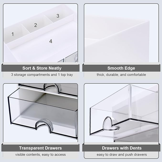 Meiikun Desk Organizer, Office Organizer with Drawer, Desk Accessories & Workspace Organizers, Pen Holder Office Supplies for Desk (4 Drawers+4 Compartments, White)