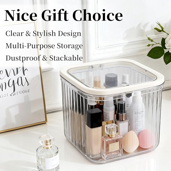 THMINS Hair Accessories Organizer for Girls,Plastic Storage Box with Lid for Kids Hair Clips,Ties,Bows&Jewelry,Stackable Dust-Proof Flip Top Container,Desktop Organizer(Grey)