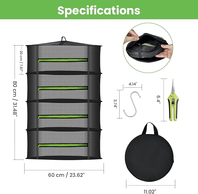 MEKOLIFE Herb Drying Rack Hanging-4 Layer, Plant Drying Rack, Bud Drying Net,Foldable Hanging Dry Rack Net with Green Zipper, Garden Shears & Hooks, for Herbs, Seeds Indoor/Outdoor (23.62")