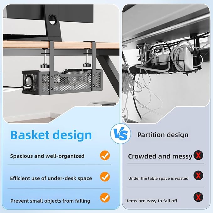 No Drill Under Desk Cable Tray Metal Mesh Wire Management with Clamp Mount 2 Hole Cord Organizer for Home Office Standing Desk Storage