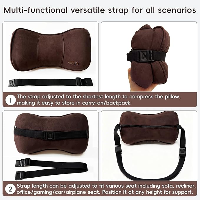 Carwales Car Neck Pillow for Travel Recliner Headrest Cushion Couch Office Chair Memory Foam Lower Back Support Lumbar Pain Relief Ergonomic Design Extension Adjustable Strap Driving Brown 1 Pack