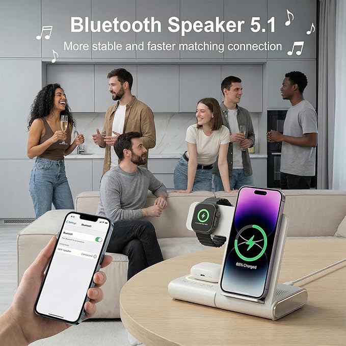BLKE 3 in 1 Wireless Charging Station with Bluetooth Speaker & Night Light, 33W Foldable Bedside Charger Stand for iPhone 17/16/15/14/13, Apple Watch, AirPods Pro & Samsung Galaxy Phone