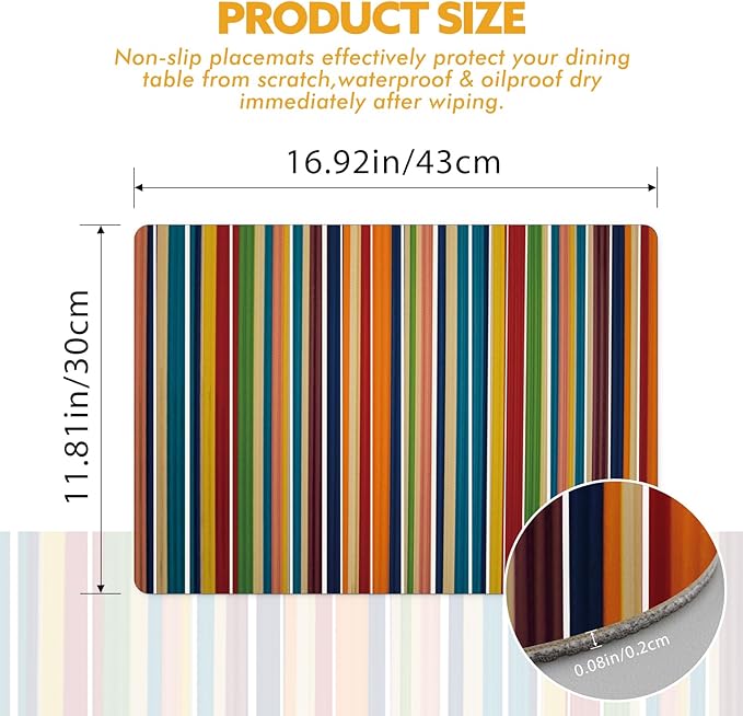 Colorful Stripes Placemats Set of 4, Rainbow Vertical Stripe Faux Leather Heat Resistant Non-Slip Wipe Clean Waterproof Table Place Mats Set for Indoor Outdoor Kitchen Dining Table, 17" x 12"