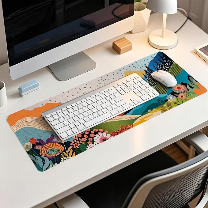 Abstract Colorful Boho Mountain Wildflower Mouse Pad,Aesthetic Nature Landscape Desk Mat,Spring Summer Botanical Forest Mousepad for Home Office Dorm Desktop Decor,31.5x11.8 Inch