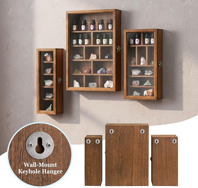 Ikee Design 3 Pcs Set Wall-Mounted Wooden Shadow Cubby Box Display Shelf with 24 Compartments with Door Storage Display Case for Collectibles, Trinkets, Mini Figures, Brown Color
