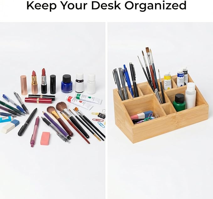 Bamboo Small Art Supply Organizer, Pen Holder Multifunctional Organizer Office Accessory Storage, Desk Organizer for Colored Pencil, Crayon, Paint Brushes, Makeup Organizer