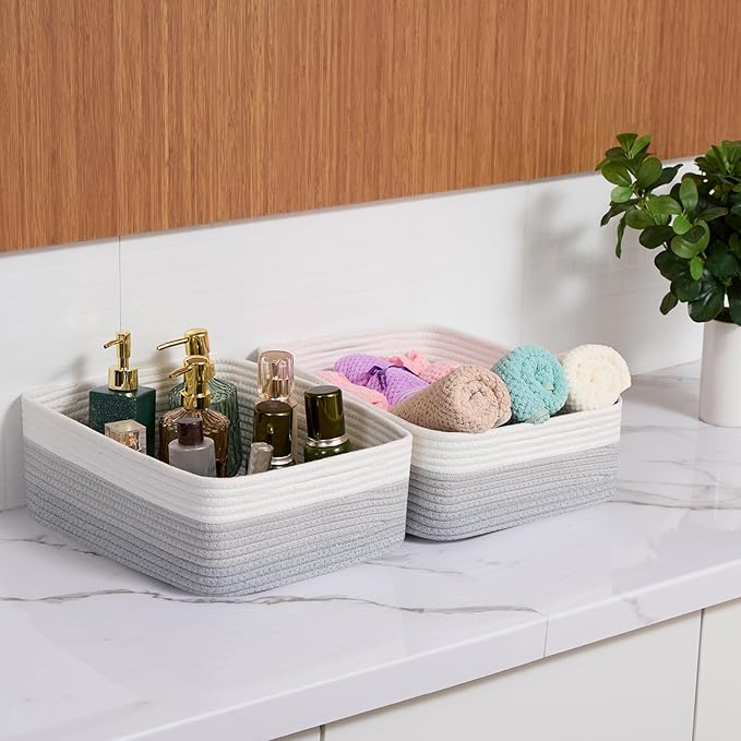 MiniArk Large Shallow Organizing Baskets 15x11x5.1 Inches - Rope Woven Storage Bins for Bathroom, Shelves, Cube Closet, Gradient Grey 3 Packs