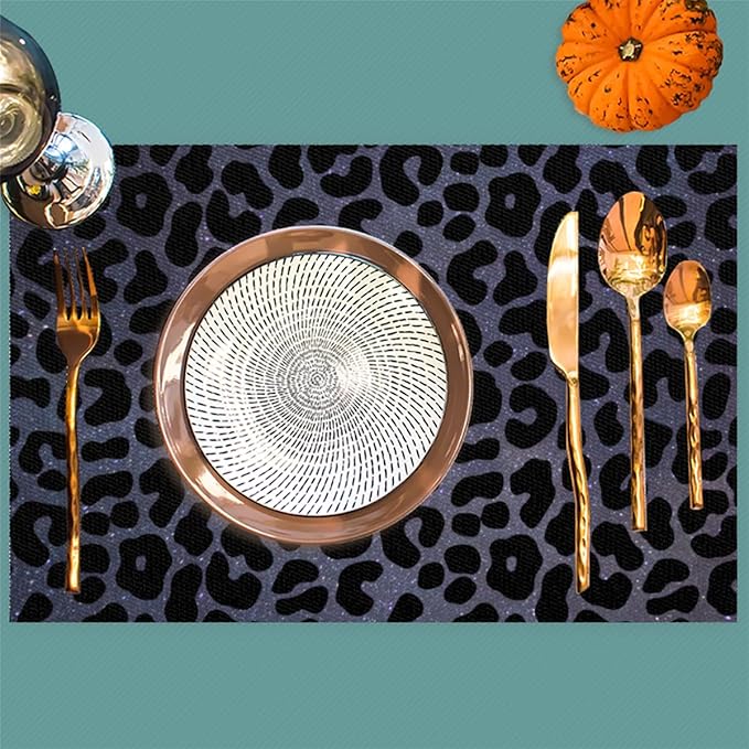 Placemats Set of 4 Heat-Resistant Rectangle Place Mats Black Leopard Cheetah Washable Plastic PVC Dining Table Mat Non-Slip Wipeable Woven Vinyl Placemat for Kitchen Patio Table Decor
