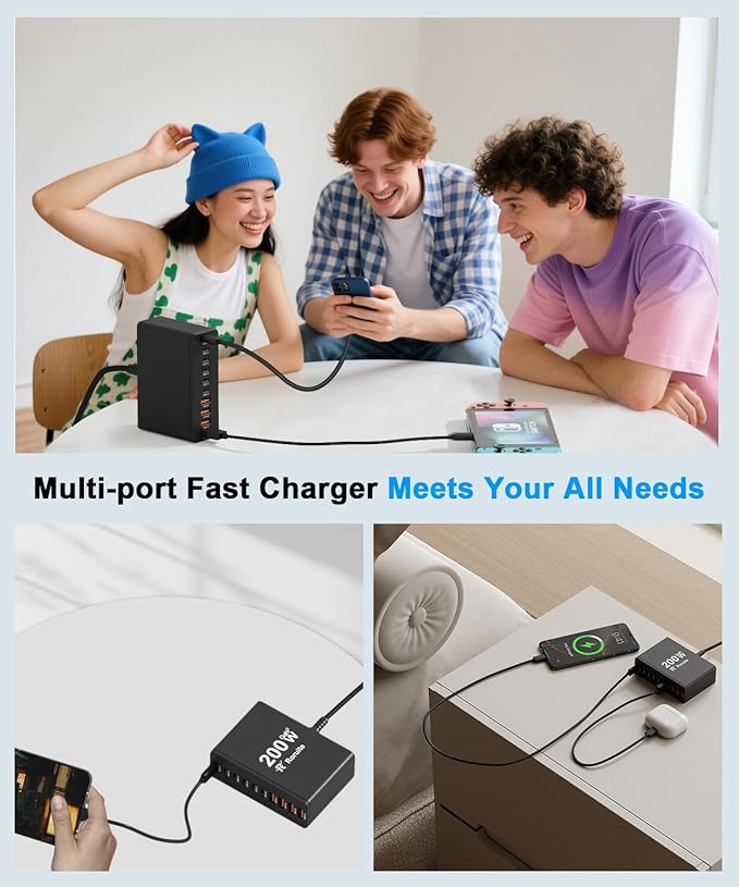USB C Charging Station 10 Port with 4 Cables,200W GaN Type C Charger Block,Wall Charger Power Strip Adapter Plug for iPad iPhone17 16 15 14 13 12 Pro Max Pixel Note Galaxy