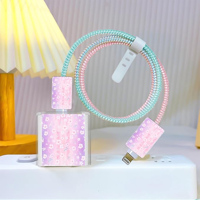 Phone Charger Case Storage Set with Cute Flower Cable Protector with Carrying Cable Case Bag,Cord Organizer, USB Earphone Wire Saver Organizer Charger Protector for iPhone (Purple Flower)