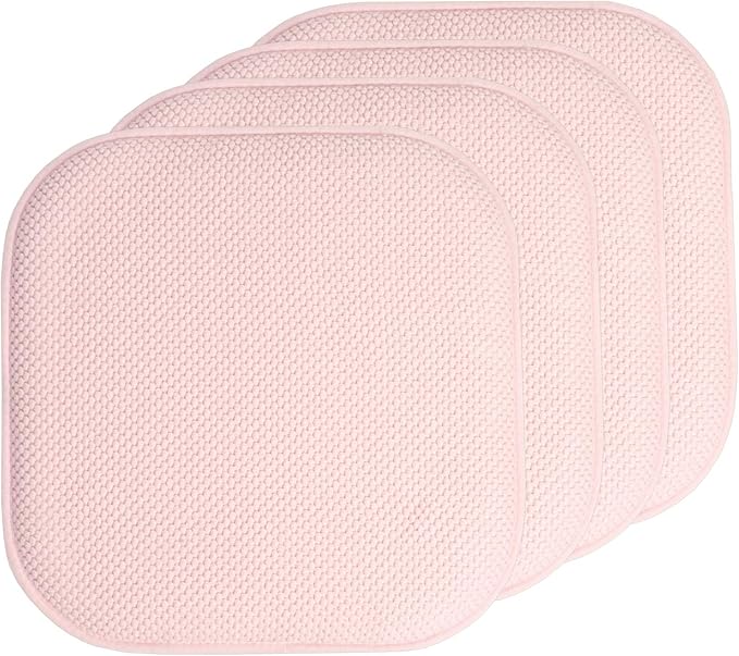 Sweet Home Collection Chair Cushion Memory Foam Pads Honeycomb Pattern Slip Non Skid Rubber Back Rounded Square 16" x 16" Seat Cover, 4 Pack, Pink