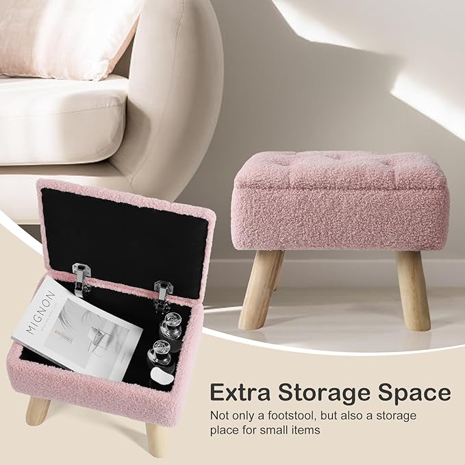 OGEMXU Storage Ottoman, Small Foot Stool Ottoman with Storage, Boucle Teddy Velvet Foot Rest with Padded Seat, Sturdy Wood Legs Stool for Living Room, Bedroom, Couch, Enterway (Pink)
