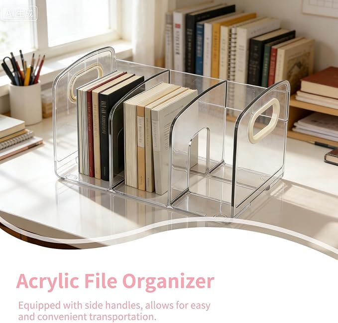 Cyrank Transparent Acrylic File Organizer for Desk, 4 Sections Book Paper Storage Dividers with Side Handle Envelope Vertical File Stand (#1)