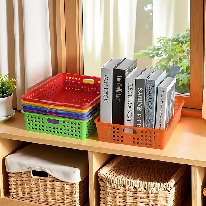 RAUVOLFIA 6 Pack Plastic Turn in Paper Trays for Classroom, Colorful Storage Bin Basket Organizers for School Supplies, Classroom Organization and Storage Tray Holds 4A Paper (Bright Color)