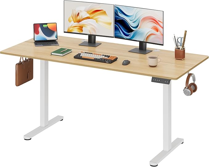 DEVAISE 63 Inch Electric Standing Desk, 3 Adjustable Computer Desk for Home Office, Ergonomic Sit to Stand Desk with LED Touchscreen，Headphone Hook, 3 Memory Preset, with Split Top, Maple