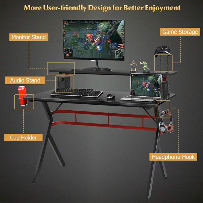 Tangkula Gaming Desk and Chair Set, Ergonomic Gamer Desk & Racing Chair Set Cup Holder, Headphone Hook, Handle Rack & Monitor Stand, Massage & Headrest, Home Office Computer Desk Chair Set (Red)