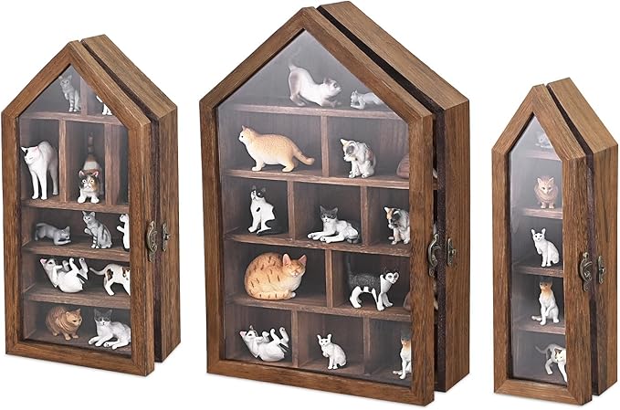 Ikee Design 3 Pcs Set Wall-Mounted House-Shaped Wooden Shadow Cubby Box Display Shelf with Door Storage Display Case for Collectibles, Trinkets, Mini Figures, Brown Color, 21.1W x 3.1D x 14.8H in