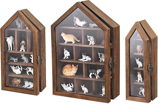 Ikee Design 3 Pcs Set Wall-Mounted House-Shaped Wooden Shadow Cubby Box Display Shelf with Door Storage Display Case for Collectibles, Trinkets, Mini Figures, Brown Color, 21.1W x 3.1D x 14.8H in