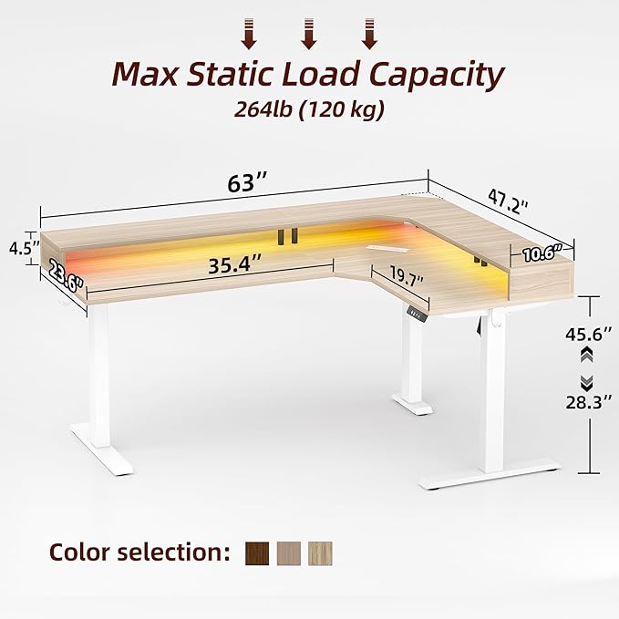 TIQLAB 63'' L-Shaped Standing Desk with LED Light Strip and Power Outlet, Height Adjustable Corner Table with Ergonomic Monitor Stand, Light Walnut