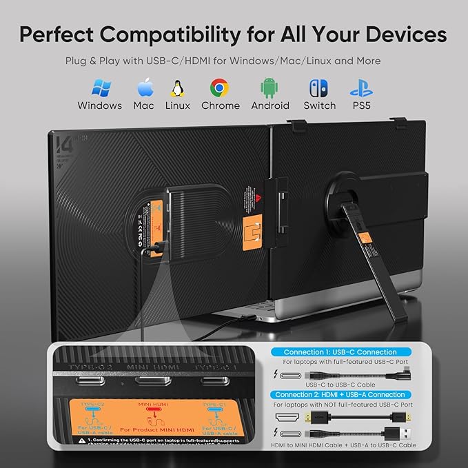 Laptop Screen Extender, 14" FHD 1080P Dual Screen Monitor for Laptop Ultra-Light Portable Monitor with USB-C/HDMI, Plug & Play for Windows/Mac/Chrome/Android