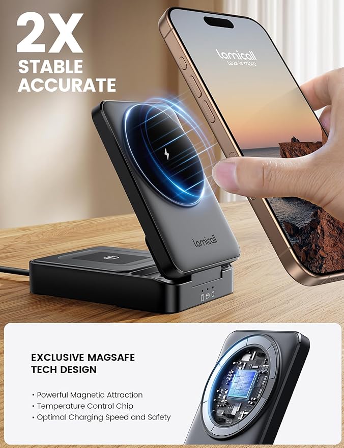 Lamicall 3 in 1 Charging Station for Apple Devices, Foldable Wireless for MagSafe Charger Stand for iPhone 17/16/15/14/13/12, Apple Watch & AirPods, Compact Travel Charging Station with Cooling