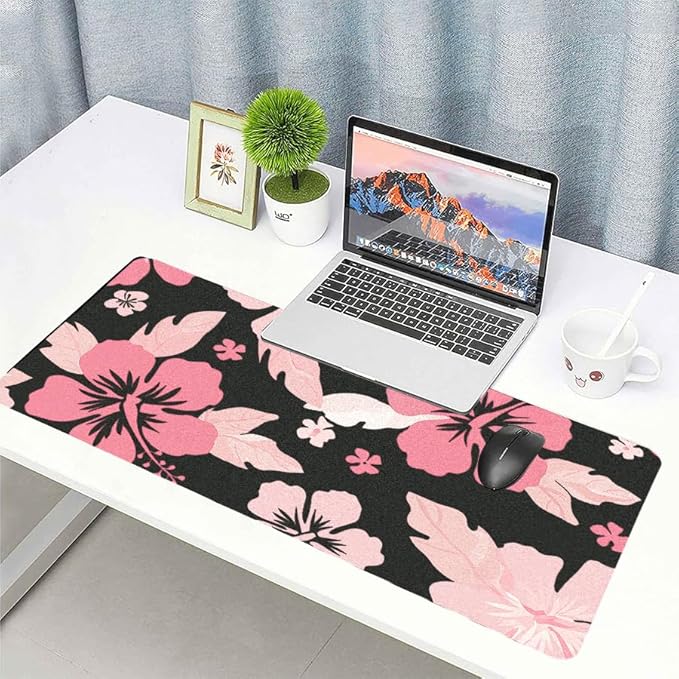 Hibiscus Flowers Desk Mat for Women, Large Waterproof PU Leather Desk Pad with Non-Slip Base, Artistic Office Keyboard Cover for Gaming & Home Work, Tropical Desk Decor (27.56 * 13.78in)
