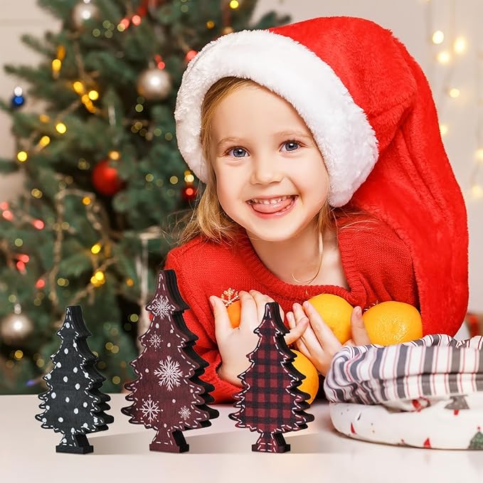 Smile 3 Pcs Wooden Blocks Christmas Trees Signs, Tiered Tray Decorations, for Home Table Shelf.