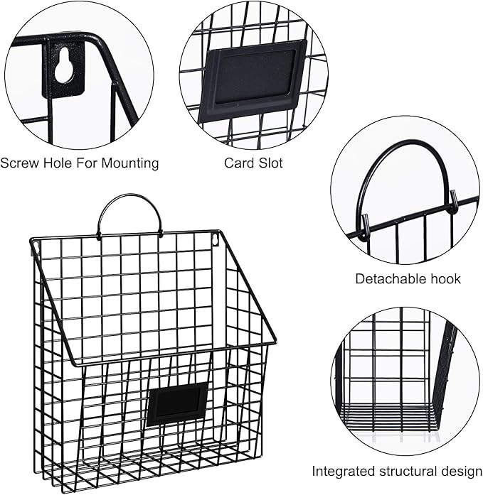 Yuzehuaza Hanging Wall File Organizer Metal Wall Mounted File Holder Folder with Handles and Hooks, Magazine Document Rack, for Home Office or Decor, 3 Packs (Patent Pending)