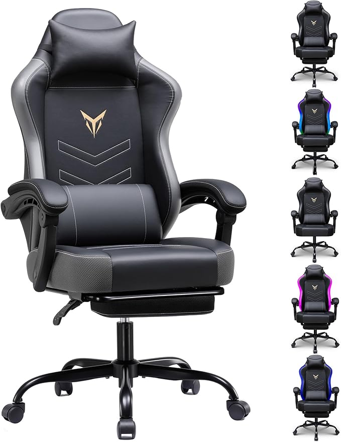 GTPLAYER Gaming Chair, Office Chair High Back Computer Chair with Foot Rest for Adults, Leather Desk Chair Executive Ergonomic Height Adjustable with Headrest and Lumbar Support, 300lbs Grey