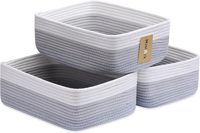 MiniArk Large Shallow Organizing Baskets 15x11x5.1 Inches - Rope Woven Storage Bins for Bathroom, Shelves, Cube Closet, Gradient Grey 3 Packs
