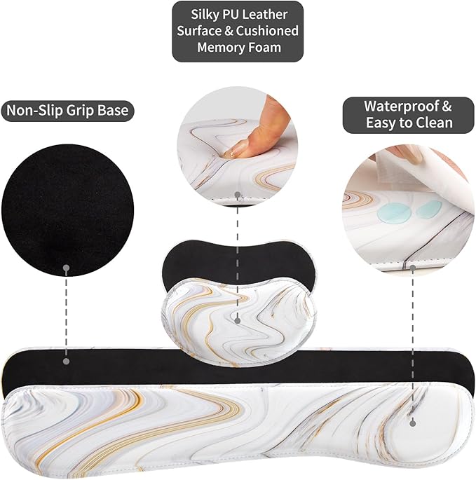 QIYI Leather Desk Mat Set, 4-in-1 Large Mouse Pad with Wrist Rest, Non-Slip Desk Pad + Keyboard Wrist Rest + Mouse Wrist Support + Coaster, Office Desk Accessories Home Decor Supplies, Marble Stripes