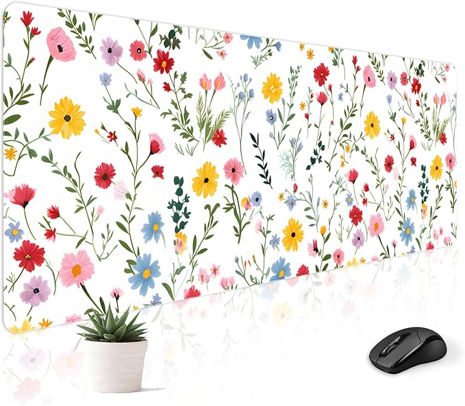 Mousepad Desk Mat Gaming Large Keyboard Cute Office Desktop Computer Laptop White Floral XXL Long Big Kawaii Aesthetic Girly Pretty Design Women Girl Gamer Oversized Wide 30x12'' Mousepad