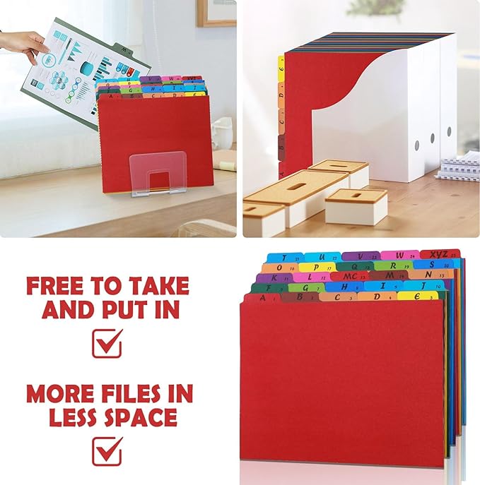 1 Set 25 Alphabet File Dividers A-Z Top Tab File Guides Letter Size 1/5 Cut Tab Manila Alphabetical File Organizer File Cabinet Dividers for Work Office Home School and Desk Organizer (Rainbow)