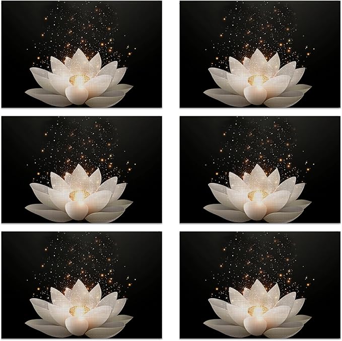 Placemats Set of 6, Lotus Flower Linen Placemats 12x18 Inch, Heat Resistant Table Mats, Washable Non Slip Place Mats for Dining Table Kitchen Home