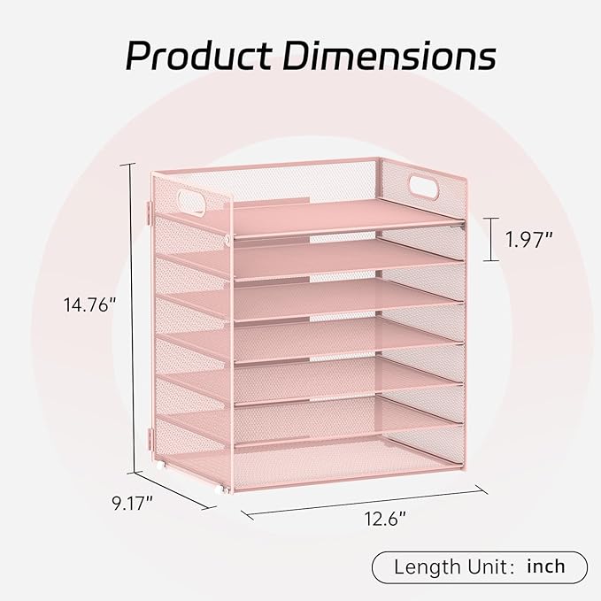 7 Tier Paper Organizer - Mesh Desktop File Holder with Handles for Office School Desk, Black (Pink)