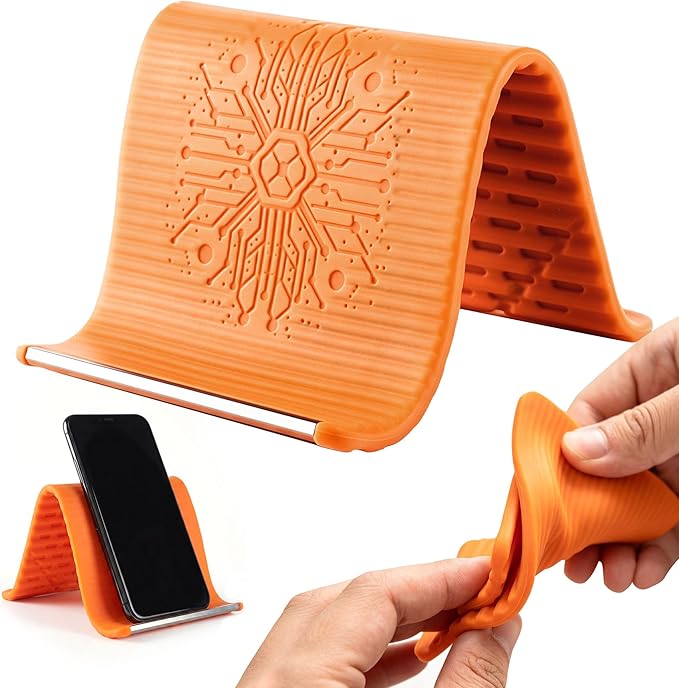Portable Foldable Silicone Aluminum Phone Holder, 2026 Upgrade Flexible Silicone Phone Stand, Adjustable Airplane Phone Holder for Tablet Laptop Travel Non-Slip Bed Desk Office Treadmill (Orange)