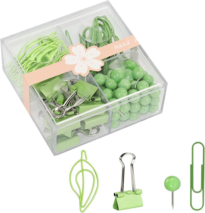 Green Desk Accessories Kit - Cute Leaf & Heart Paper Clips, Binder Clips, Push Pins in Square Organizer Box - Aesthetic Office Supplies, Teacher Desk Must Haves for Women, Work Space Decor (Green)