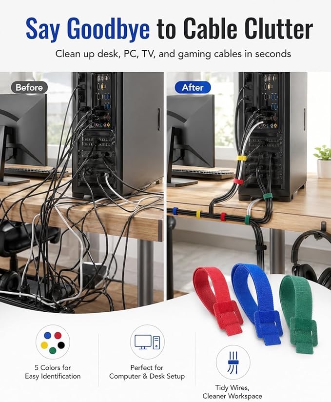 120 Pack Reusable Cable Ties 6 Inch – Multi-Color Hook and Loop Cord Ties for Wire Management – Color-Coded Cable Straps for Electronics, PC, Desk & Gaming Setup
