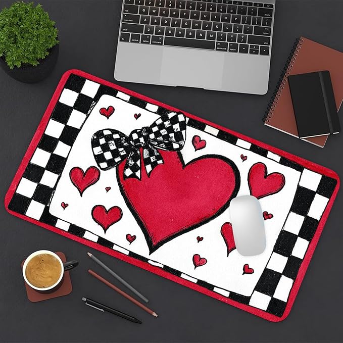 Peach Heart Mouse Pad PU Leather Bowknot Desk Mat Large Waterproof Gaming Pad Non-Slip Keyboard Mouse Pad Writing Pad for Gamer Office&Home
