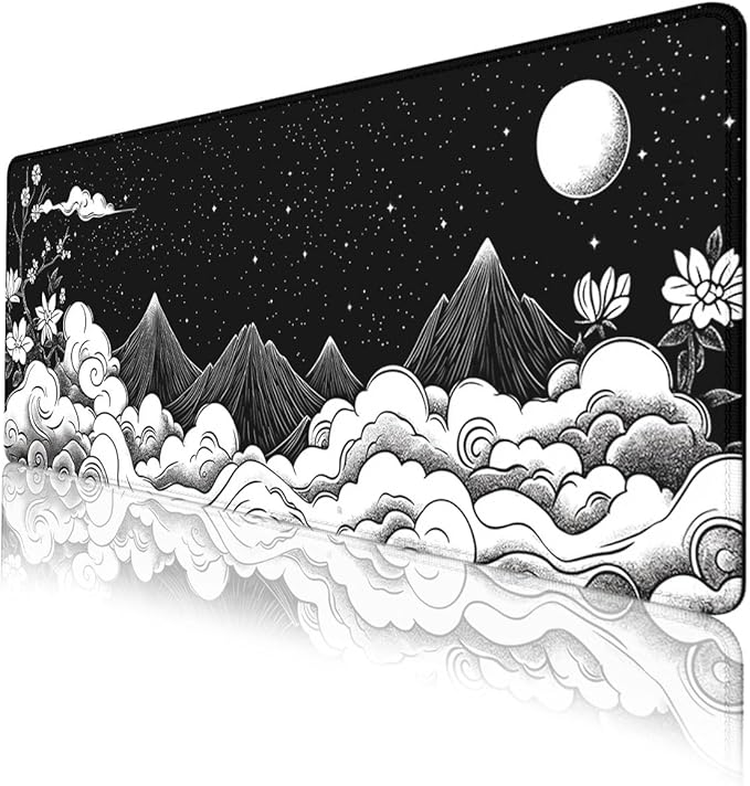 Moon Mountain Gaming Mouse Pad Black White Landscape Zen Mountain Mousepad Extended Large Laptop Keyboard Non-Slip Rubber Base with Stitched Edges 31.5x11.8 Inch