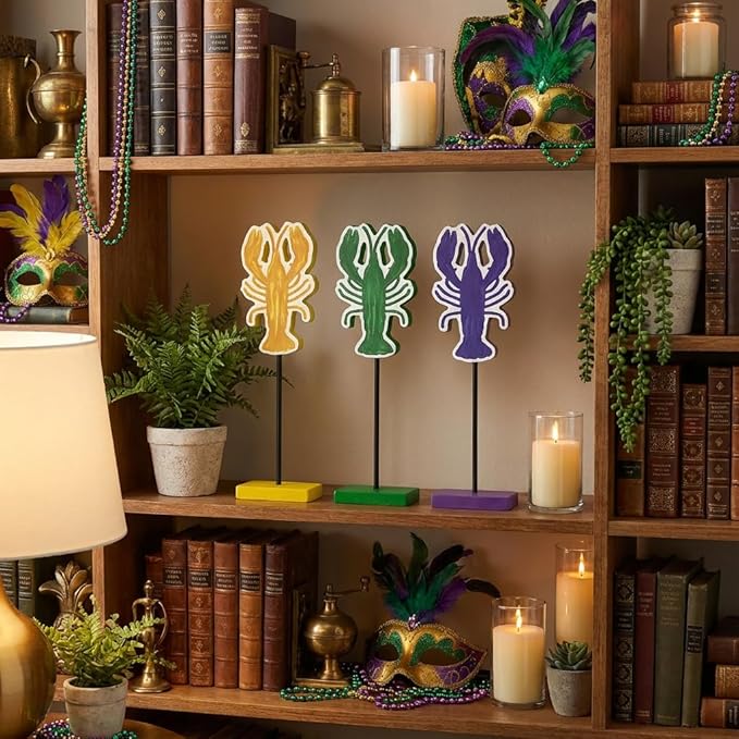 Smile Mardi Gras Wooden Block Decor, Colorful Crawfish Blocks, Mardi Gras Indoor Decoration