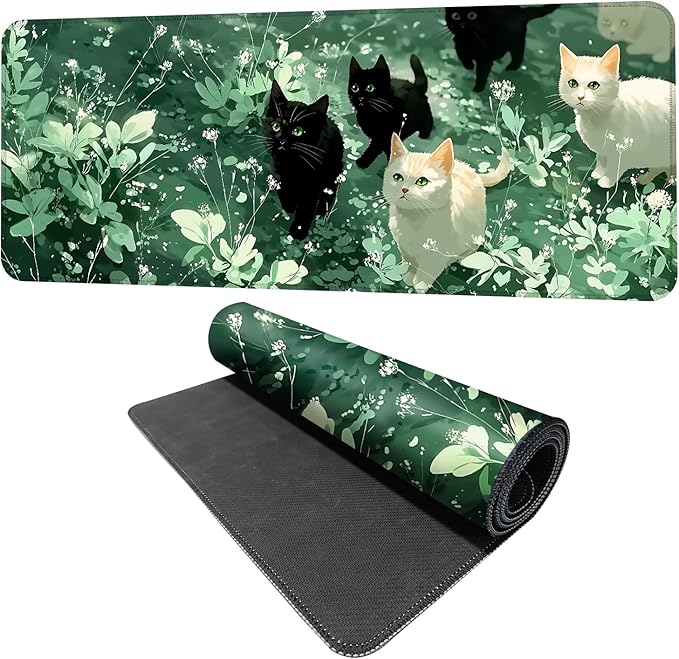 Cute Cat Mouse Pad Large Gaming Desk Mat - Kawaii Black and White Cats in Green Forest, Extended XL Mousepad with Non-Slip Rubber Base for Office, Home, PC, Laptop