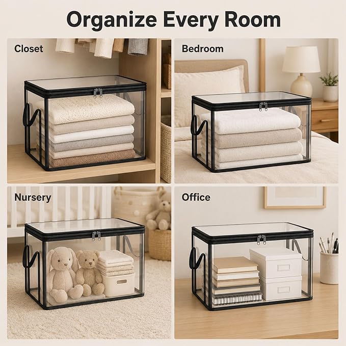 HICOOL Large Clear Thick Plastic Storage Box with Hinged Lid, Heavy-Duty Durable High Capacity Organizer, Perfect for Home, Camping, Travel, Attic and Moving (3 PCS)